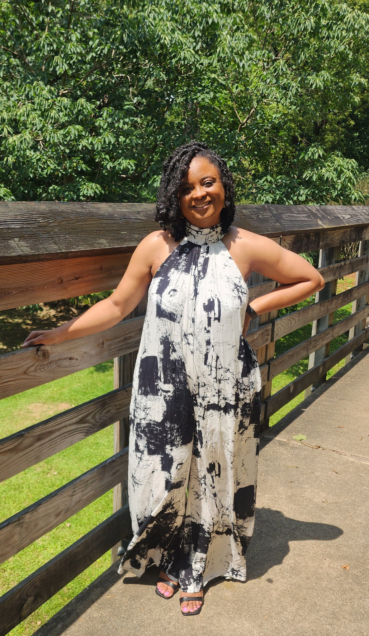 Black & White Tie Dye Mock Neck Jumpsuit