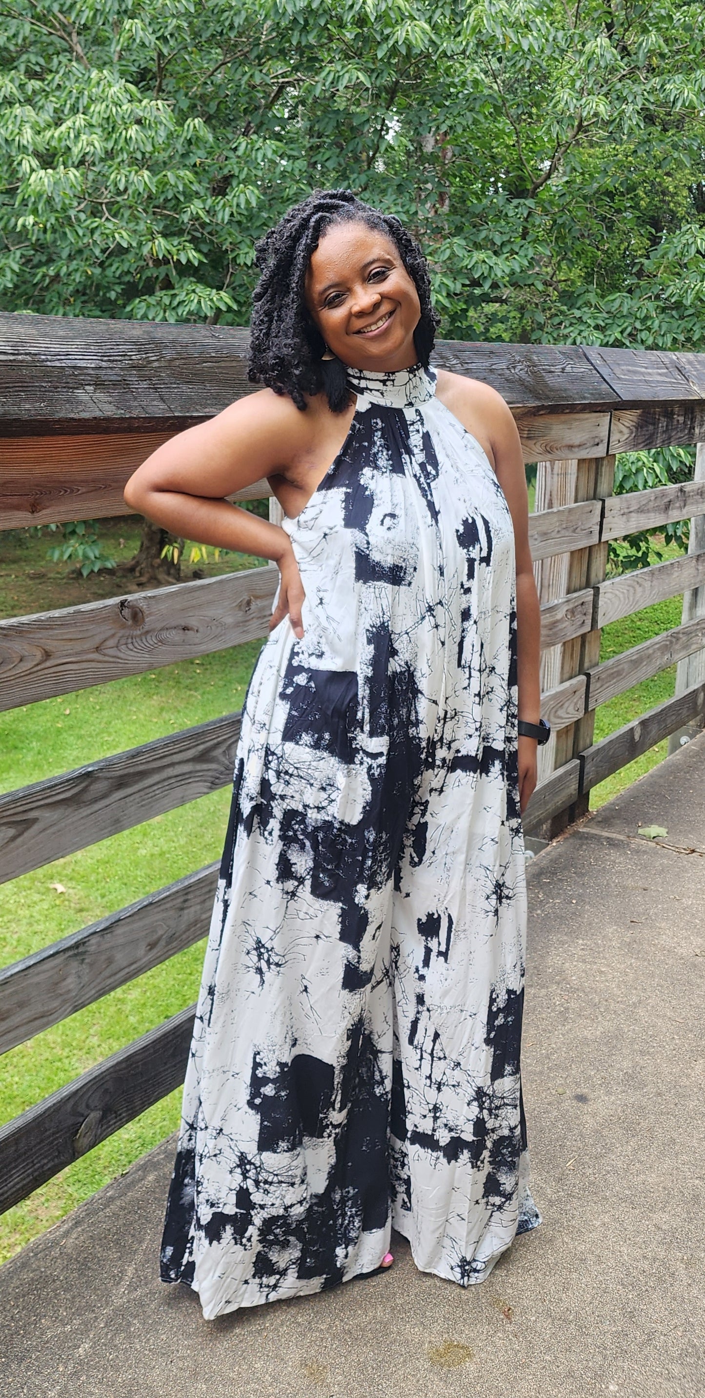 Black & White Tie Dye Mock Neck Jumpsuit