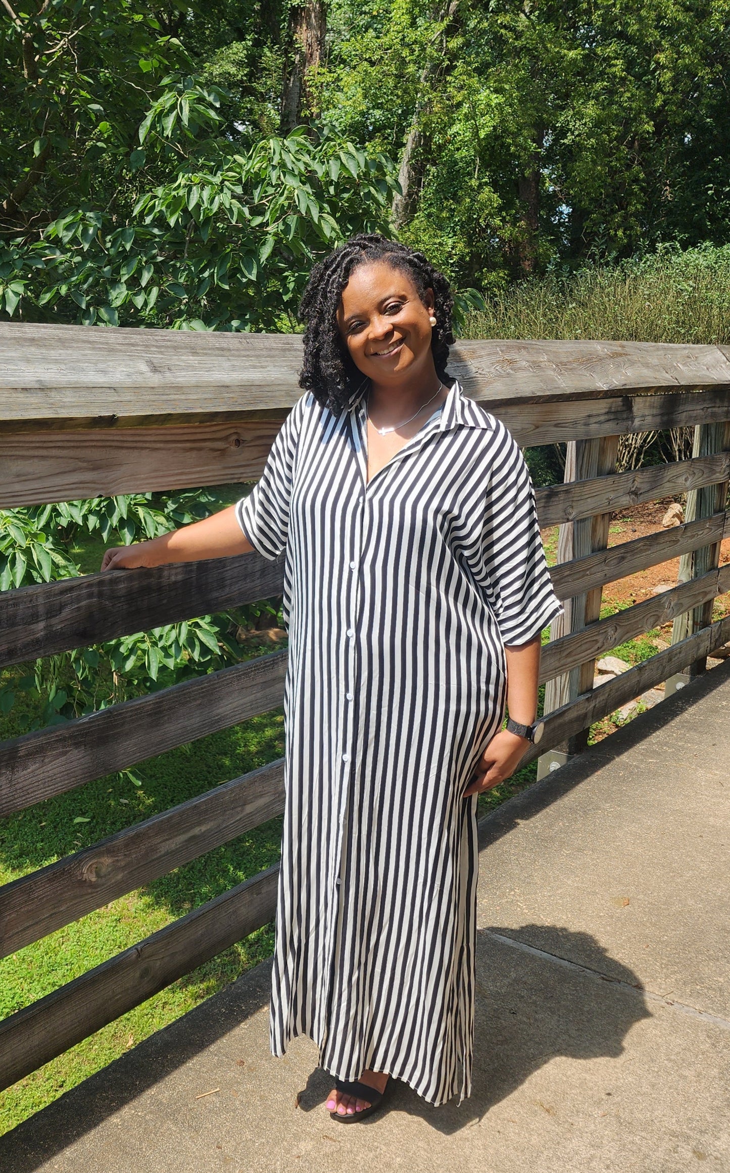 Black Striped Button-Down Woven Shirt Dress