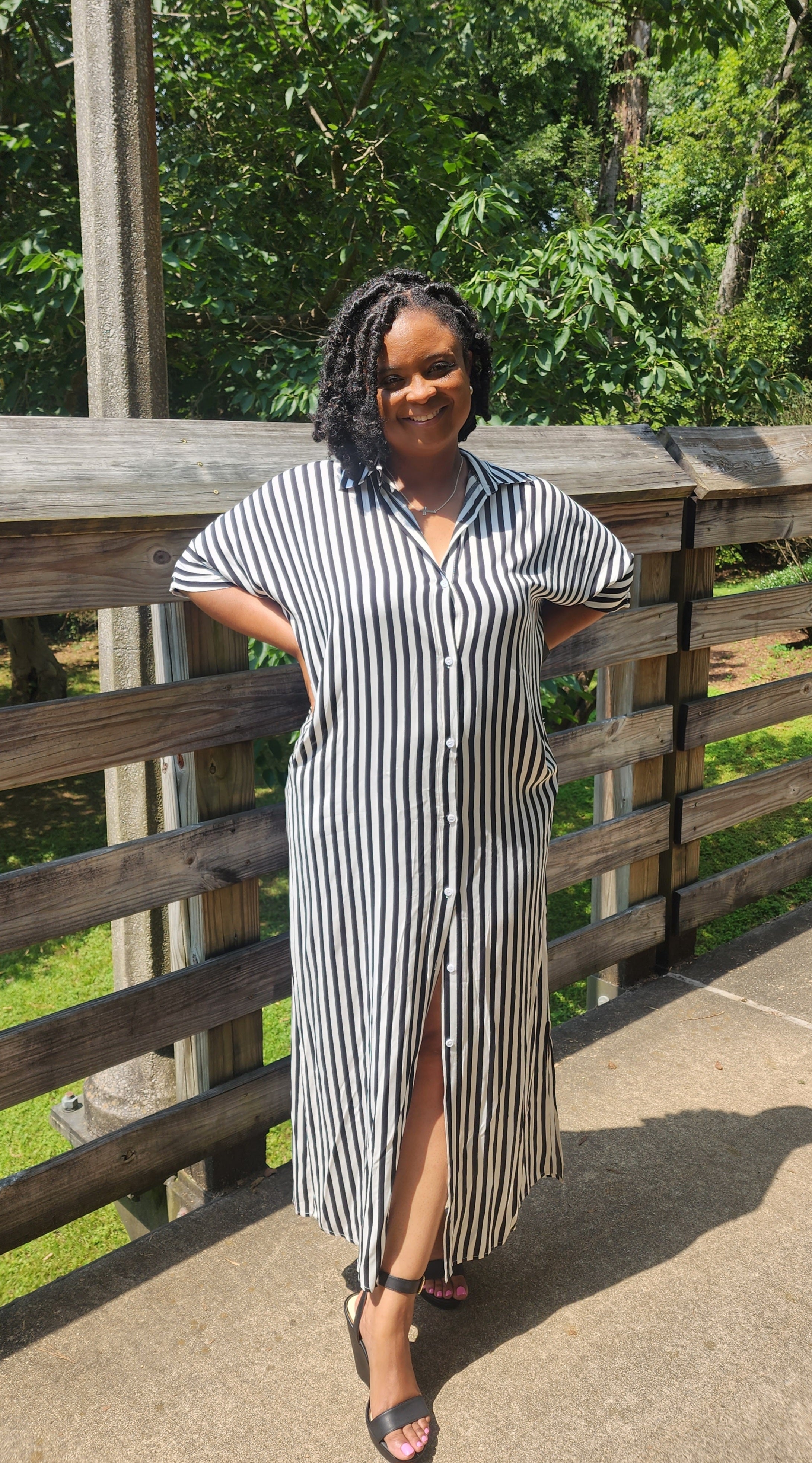 Black Striped Button-Down Woven top Shirt Dress