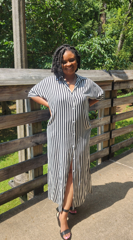 Black Striped Button-Down Woven Shirt Dress